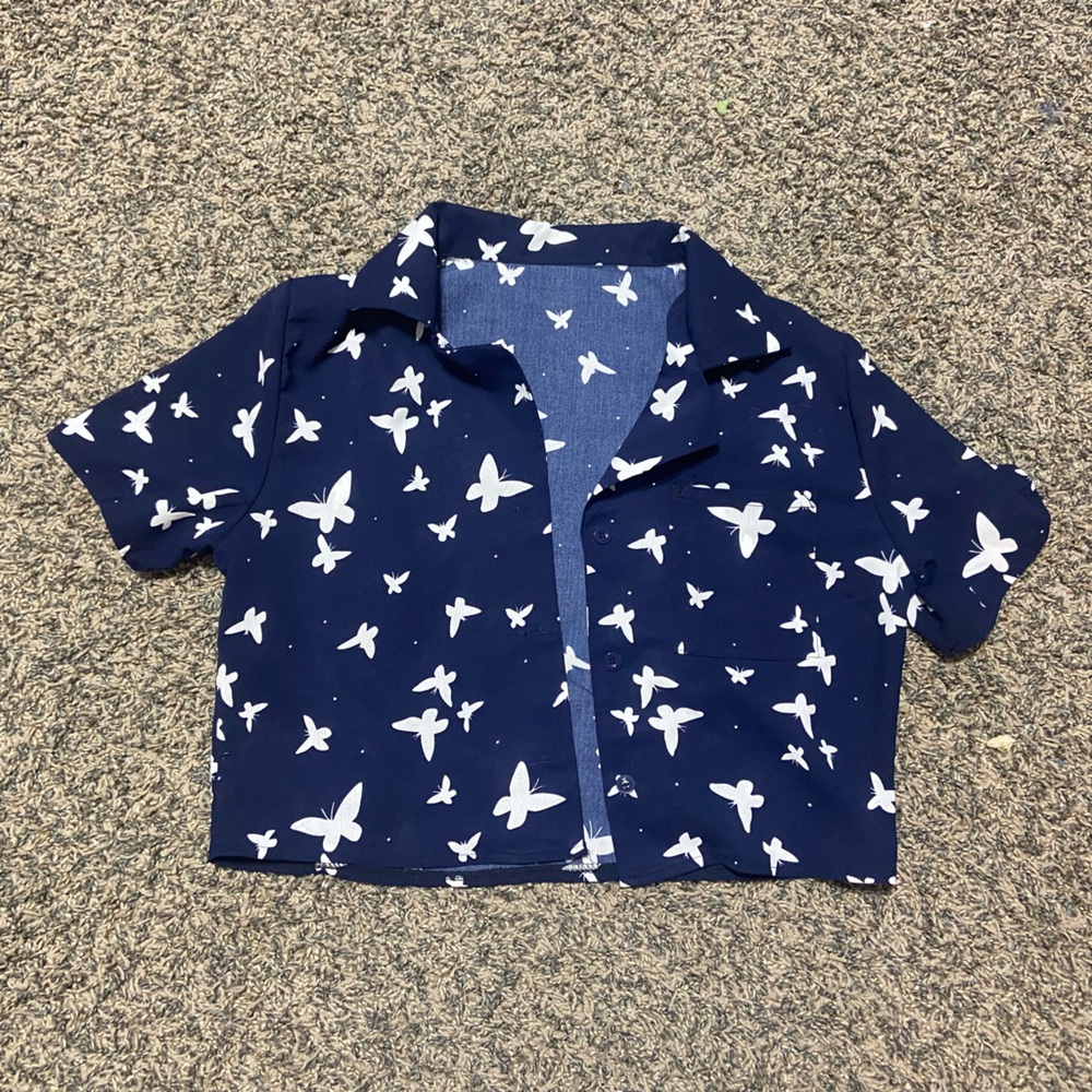 Navy Blue Shirt with White Butterfly Print